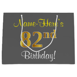 エレガント、グレー、フェイク金ゴールド82番目の誕生日+名前 ラージペーパーバッグ