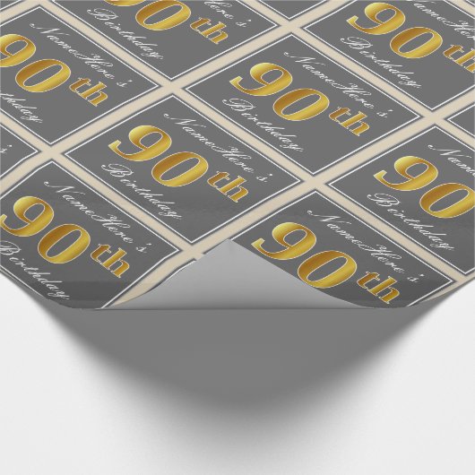 エレガント、グレー、フェイク金ゴールド90番目の誕生日+名前 ラッピングペーパー (角)