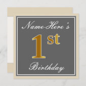 エレガント、グレー、偽のゴールドの1歳の誕生日。カスタムネーム 招待状 (正面/裏面)