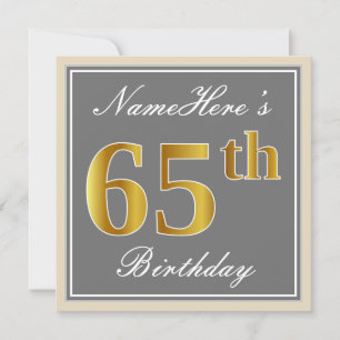 エレガント グレー 偽の金色の65歳の誕生日 + 名前 招待状