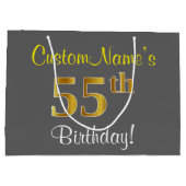 エレガント グレー 偽の金色 55歳の誕生日 + 名前 ラージペーパーバッグ (裏面)