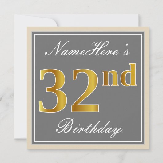 エレガント、グレー、偽の金 32歳の誕生日 + 名前 招待状 (正面)