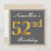エレガント、グレー、偽の金 52歳の誕生日 + 名前 招待状 (正面/裏面)