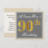 エレガント グレー 偽の金 90歳の誕生日 + 名前 招待状 (正面/裏面)