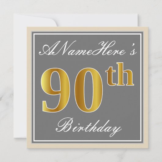 エレガント グレー 偽の金 90歳の誕生日 + 名前 招待状 (正面)