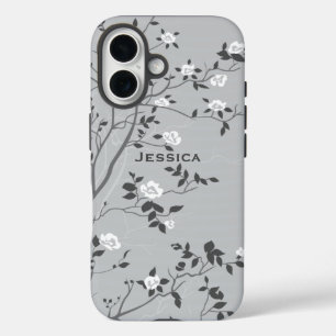 エレガント グレー 桜の木 アート 名入れ iPhone 16ケース