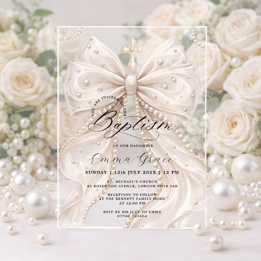 エレガント コケット パール リボン 洗礼 アクリル招待状