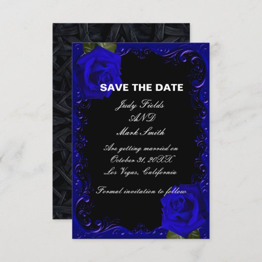 エレガント ゴシック ブルー ローズ Save The Date カード (正面/裏面)