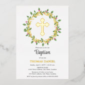 エレガント ゴールドクロス 洗礼 フローラルリース 箔招待状 (正面)