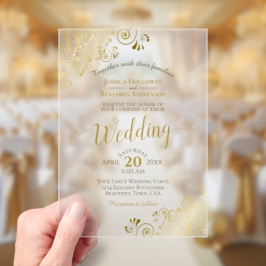 エレガント ゴールド カリグラフィー レース 装飾 結婚式 アクリル招待状