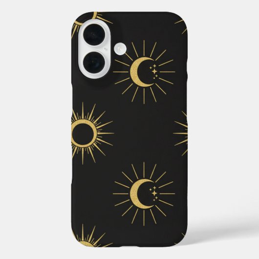 エレガント ゴールド サン&ムーンパターン ブラック iPhone 16 Case-Mate iPhoneケース (裏面)
