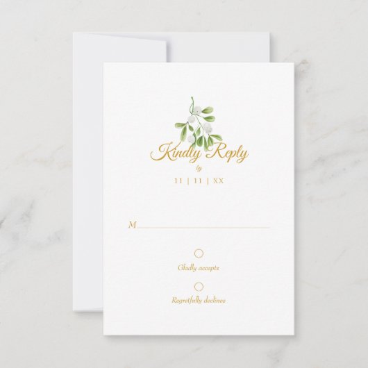 エレガント ゴールド スクリプト ヤドリギ 冬の結婚式 RSVP (正面)