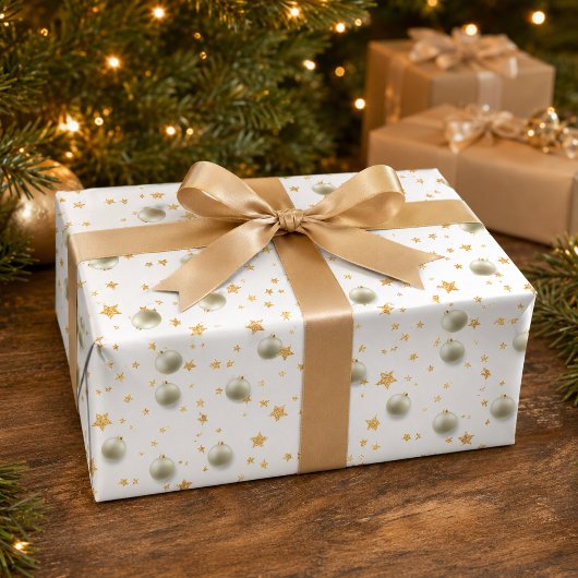 エレガント ゴールド スターとオーナメント クリスマス ラッピングペーパー