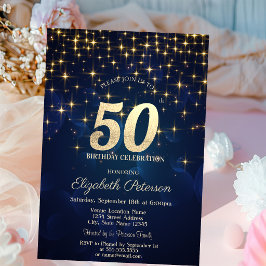 エレガント ゴールド スター ネイビーブルー 50歳の誕生日パーティー 招待状