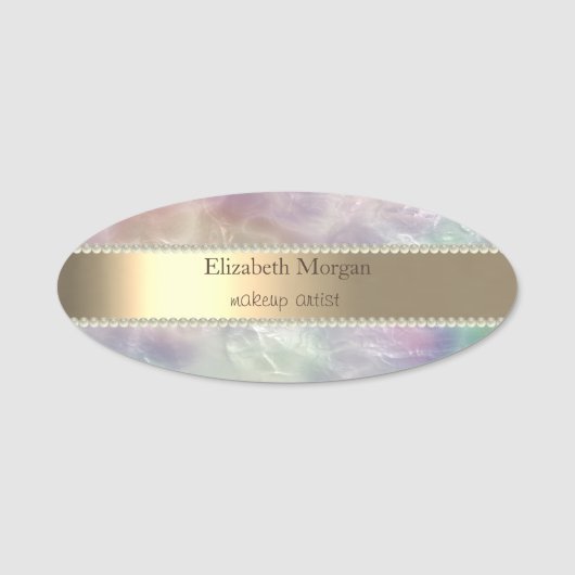 エレガント ゴールド ストライプ、グリッター ボケ、パール 名前 タ 名札 (正面)