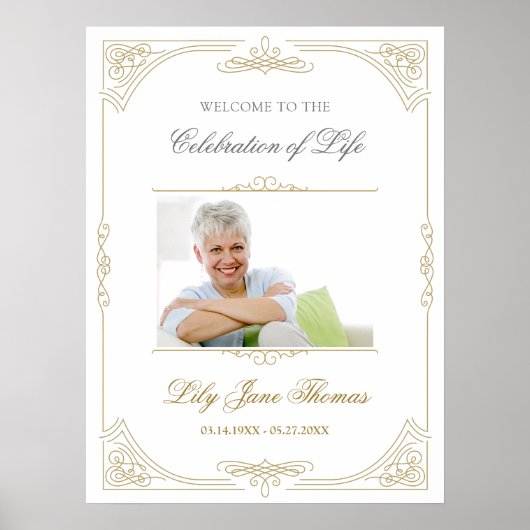 エレガント ゴールド スワール お葬式 ウェルカム サイン - 18 x 24 (正面)