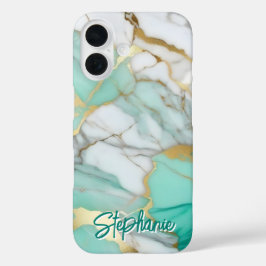 エレガント ゴールド セージグリーン 大理石風 カスタムネーム iPhone 16ケース
