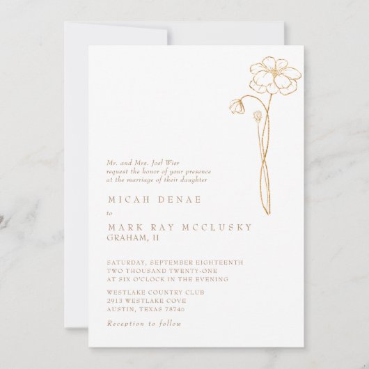 エレガント ゴールド フラワー 白 結婚式 招待状 (正面)