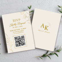 エレガント ゴールド フラワー QRコード ウェディング RSVP カード