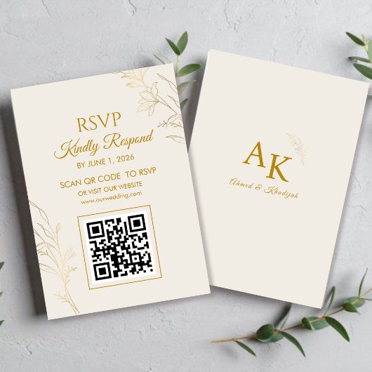 エレガント ゴールド フラワー QRコード ウェディング RSVP カード