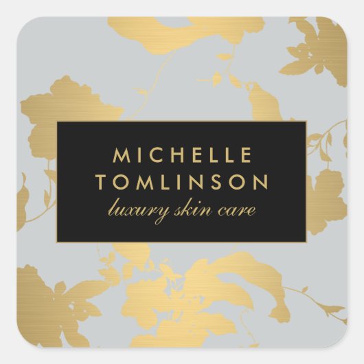 エレガント ゴールド フローラル パターン ライト グレー スクエアシール (正面)