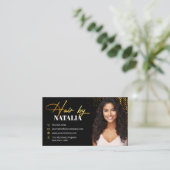 エレガント ゴールド ブラック スパークル フォト ヘアデザイナー 名刺 (スタンド正面)