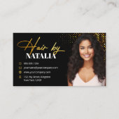 エレガント ゴールド ブラック スパークル フォト ヘアデザイナー 名刺 (正面)