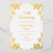 エレガント ゴールド ホワイト フラワー 50周年 結婚記念日 箔招待状 (正面)