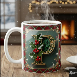エレガント ゴールド ホーリー クリスマスイニシャル P コーヒーマグカップ