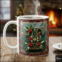 エレガント ゴールド ホーリー クリスマスイニシャル T コーヒーマグカップ