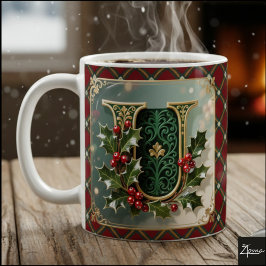 エレガント ゴールド ホーリー クリスマスイニシャル U コーヒーマグカップ