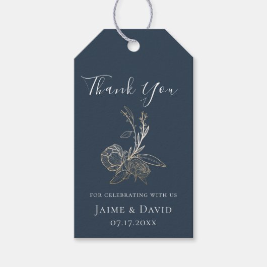 エレガント ゴールド ボタニカル フラワー サンクス ギフトタグ (正面)
