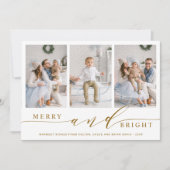エレガント ゴールド メリー アンド ブライト 3 フォト ホリデー カード (正面)