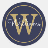 エレガント ゴールド モノグラム スクリプト ネーム ネイビーブルー ラウンドシール (正面)