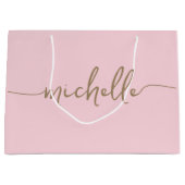 エレガント ゴールド モノグラム ネーム スクリプト ブラッシュ ピンク ラージペーパーバッグ (正面)