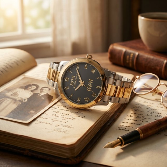 エレガント ゴールド モノグラム 50回目 結婚記念日  腕時計 (50th Golden Anniversary Elegant Monogram Watch)