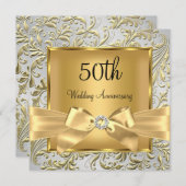 エレガント ゴールド リボン 花 モチーフ 50周年記念スクエア 招待状 (正面/裏面)