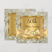 エレガント ゴールド リボン 花 モチーフ 50周年 スクエア 招待状 (正面/裏面)