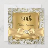 エレガント ゴールド リボン 花 モチーフ 50周年 スクエア 招待状 (正面)