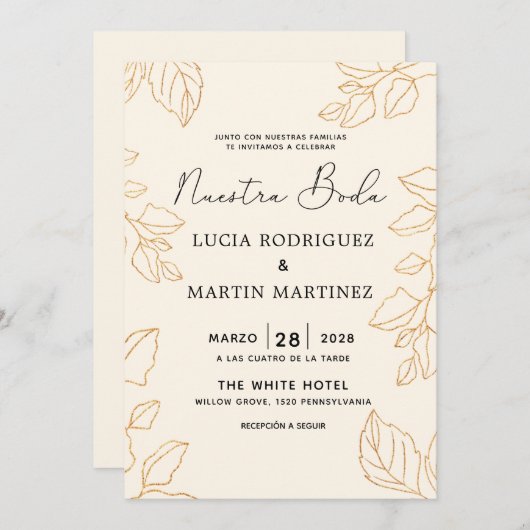 エレガント ゴールド リーフ クリーム スペイン語 私たちの結婚式 招待状 (正面/裏面)