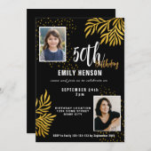 エレガント ゴールド リーフ 2 フォト 50歳の誕生日パーティー 招待状 (正面/裏面)