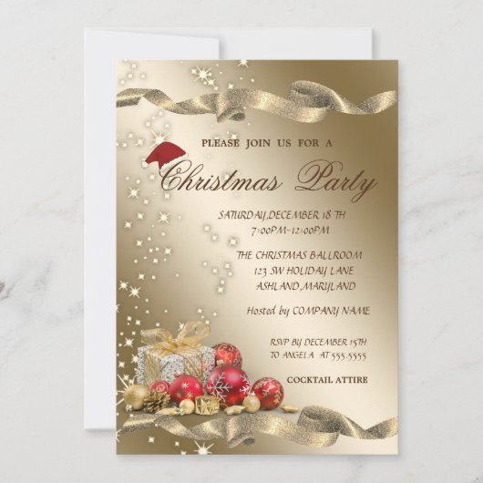 エレガント,サンタハット,プレゼントクリスマスパーティー 招待状 (正面)