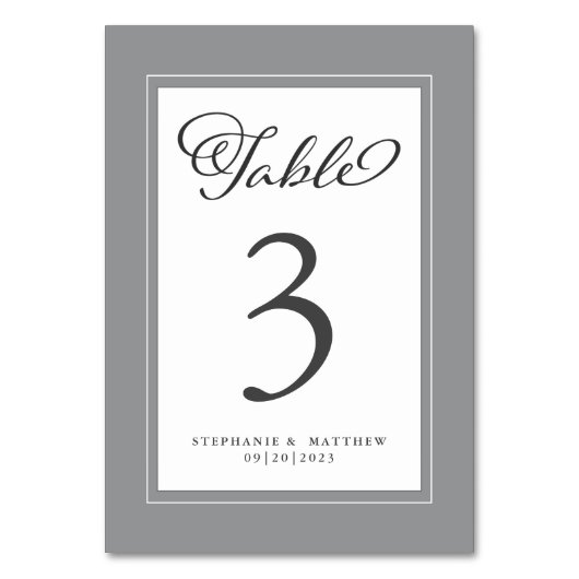 エレガント シックなグレーとホワイトのウェディング レセプション テーブルナンバー (正面)
