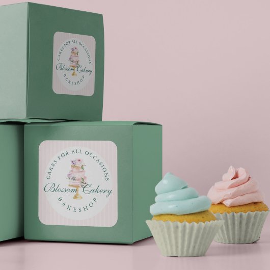 エレガント&シックなピンクウォーターカラーフローラケーキベーカリー ラウンドシール