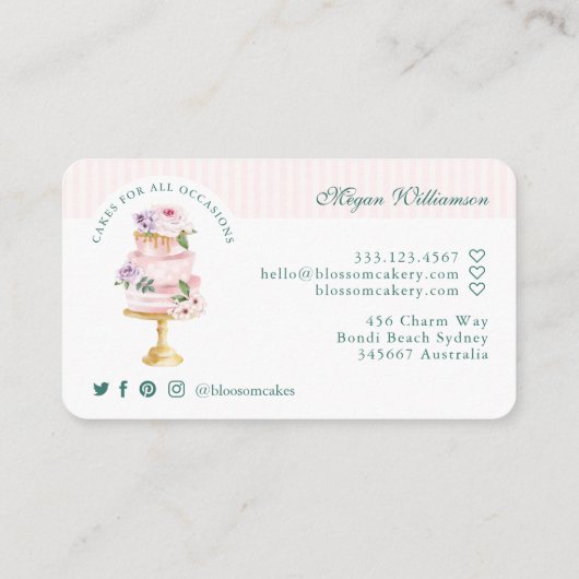 エレガント&シックなピンクウォーターカラーフローラケーキベーカリー 名刺 (裏面)