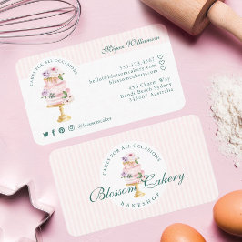 エレガント&シックなピンクウォーターカラーフローラケーキベーカリー 名刺