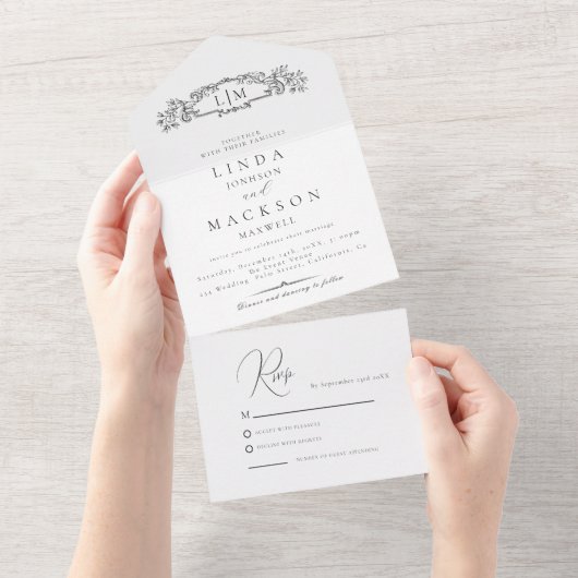 エレガント&シックなボタニカルクレストモノグラ結婚ムの オールインワン招待状 (貼ってはがせる)