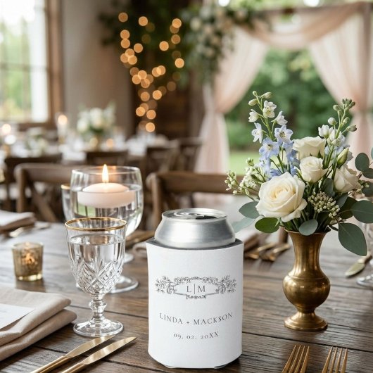 エレガント&シックなボタニカルクレストモノグラ結婚ムの 缶クーラー