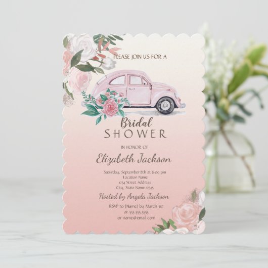 エレガント，シックな花ピンクの車のブライダルシャワー 招待状 (スタンド正面)