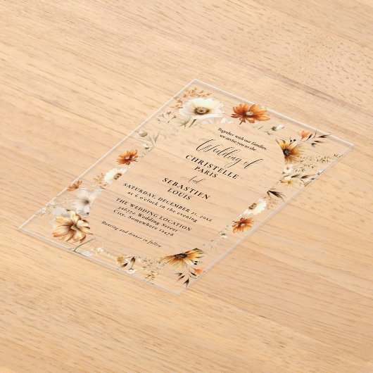エレガント&シックボホ秋ワイルドフラワー結婚ズ アクリル招待状 (レイダウン)